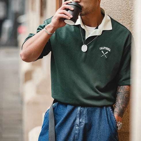Men's Summer Contrast Color Embroidered Polo Tee – Loose Fit Short Sleeve Casual Shirt